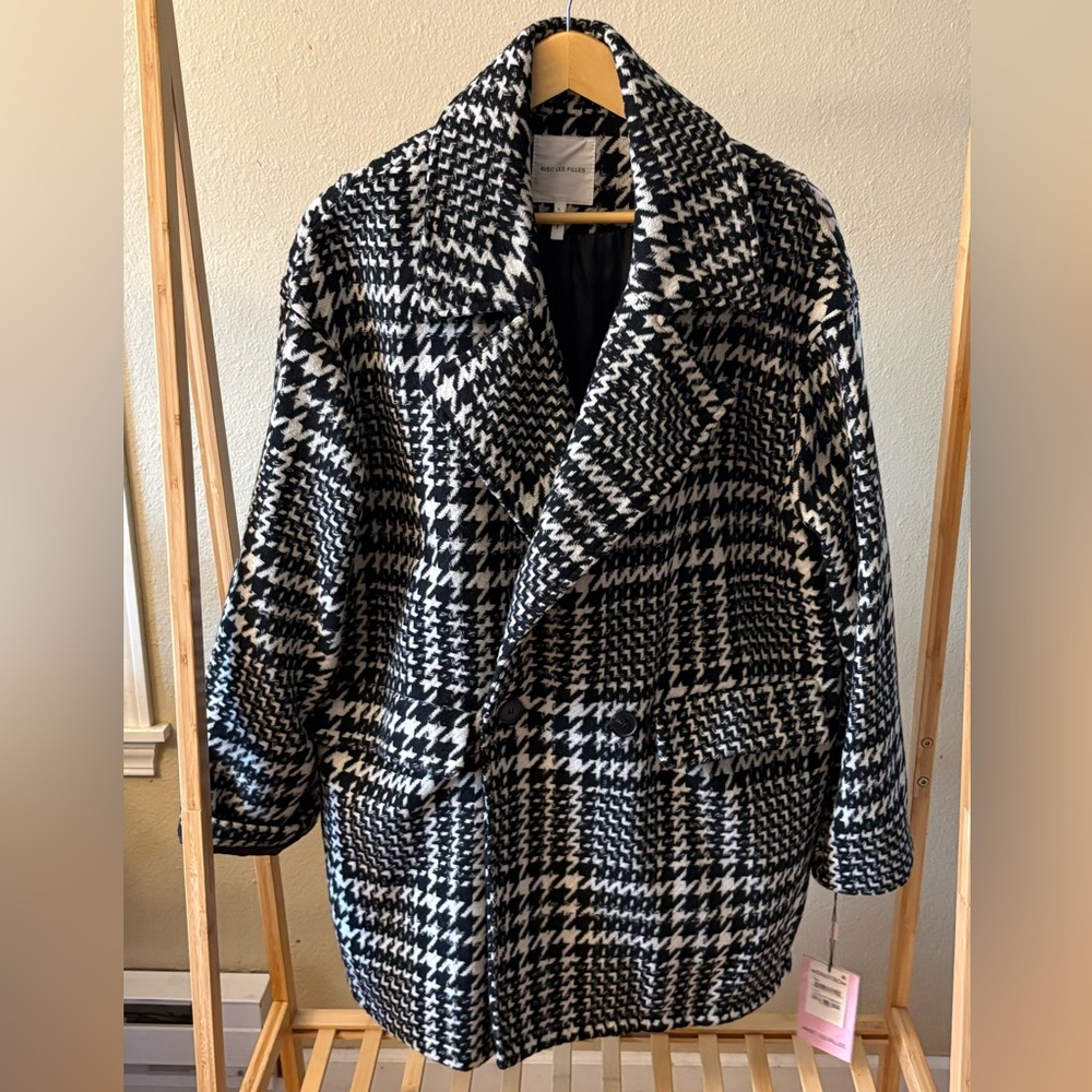 Avec Les Filles NWT Wool Blend Houndstooth Coat Women's L Oversized Plaid